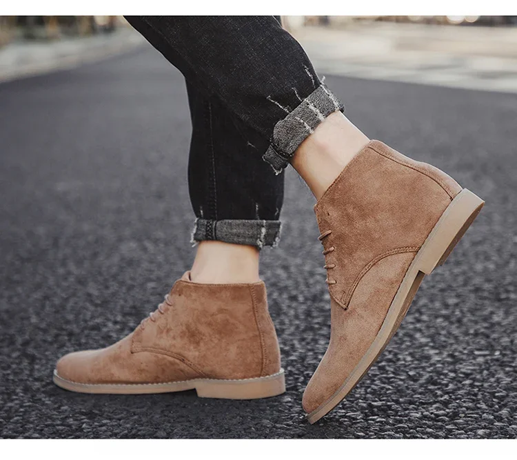 Fashion Brown Chelsea Boots Men British Style High Top Suede Leather Shoes For Men Lace-up Pointed Toe Design Men's Ankle Boot