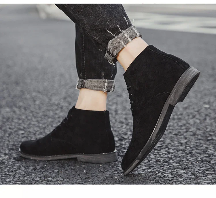 Fashion Brown Chelsea Boots Men British Style High Top Suede Leather Shoes For Men Lace-up Pointed Toe Design Men's Ankle Boot