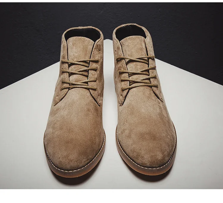 Fashion Brown Chelsea Boots Men British Style High Top Suede Leather Shoes For Men Lace-up Pointed Toe Design Men's Ankle Boot