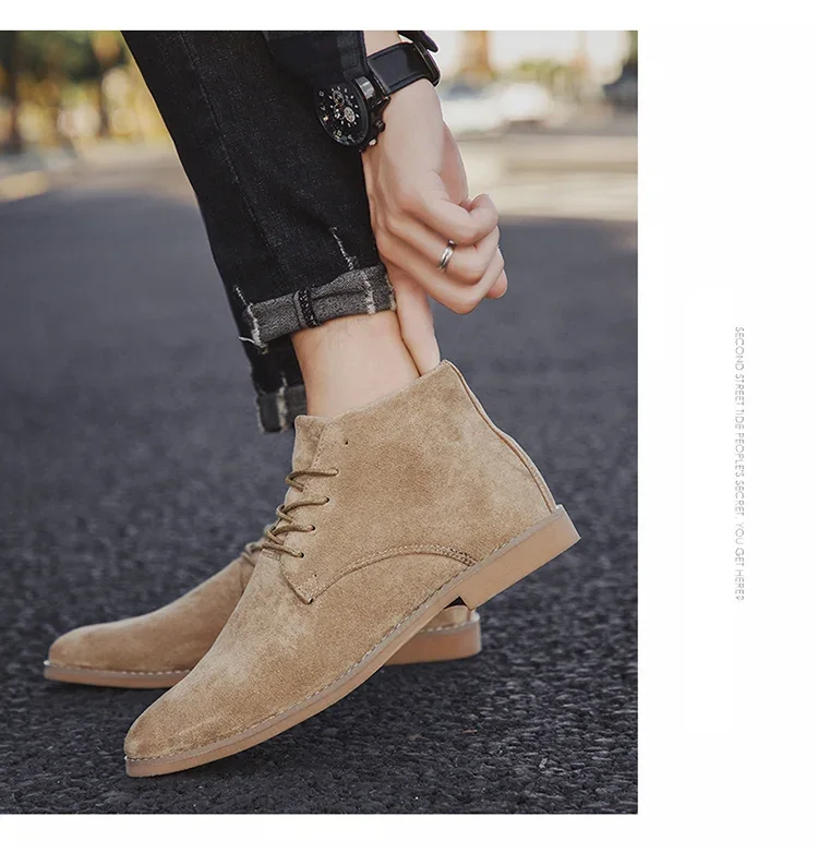 Fashion Brown Chelsea Boots Men British Style High Top Suede Leather Shoes For Men Lace-up Pointed Toe Design Men's Ankle Boot