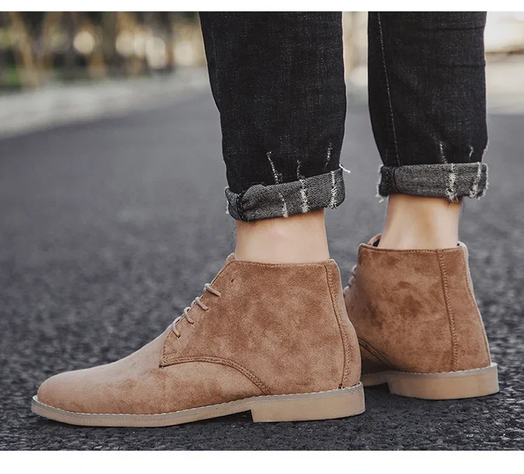 Fashion Brown Chelsea Boots Men British Style High Top Suede Leather Shoes For Men Lace-up Pointed Toe Design Men's Ankle Boot