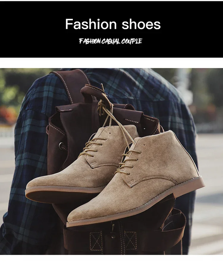 Fashion Brown Chelsea Boots Men British Style High Top Suede Leather Shoes For Men Lace-up Pointed Toe Design Men's Ankle Boot