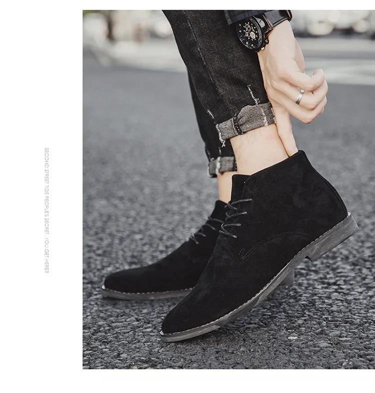 Fashion Brown Chelsea Boots Men British Style High Top Suede Leather Shoes For Men Lace-up Pointed Toe Design Men's Ankle Boot