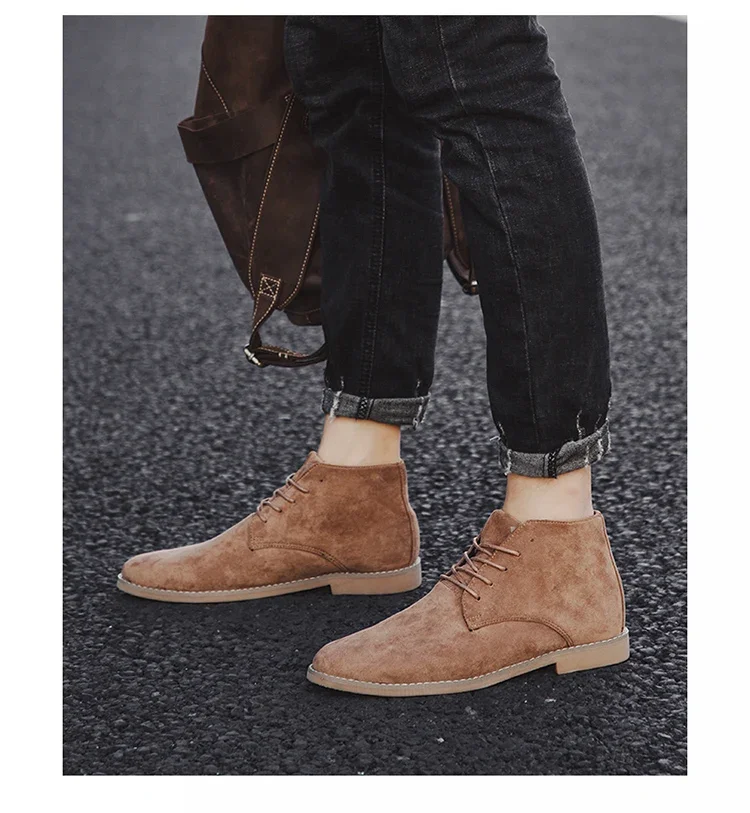 Fashion Brown Chelsea Boots Men British Style High Top Suede Leather Shoes For Men Lace-up Pointed Toe Design Men's Ankle Boot