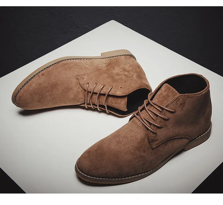 Fashion Brown Chelsea Boots Men British Style High Top Suede Leather Shoes For Men Lace-up Pointed Toe Design Men's Ankle Boot