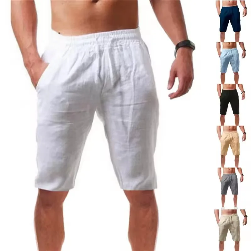 2026 Summer Men's Shorts Cotton Linen Casual Bermudas Men Classic Breathable short pants Solid Color Clothing Beach Shorts Male