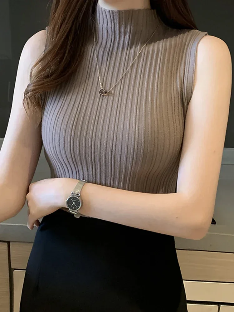 2026 Summer Turtleneck Ribbed Tank Tops Women Camisole Sleeveless Slim Female Stripe Croped Vest Casual Solid Camis Top