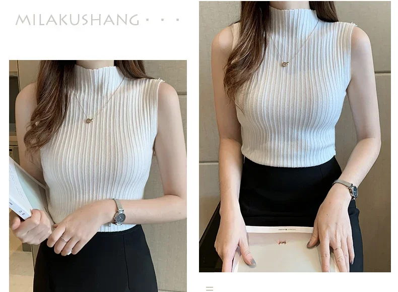 2026 Summer Turtleneck Ribbed Tank Tops Women Camisole Sleeveless Slim Female Stripe Croped Vest Casual Solid Camis Top