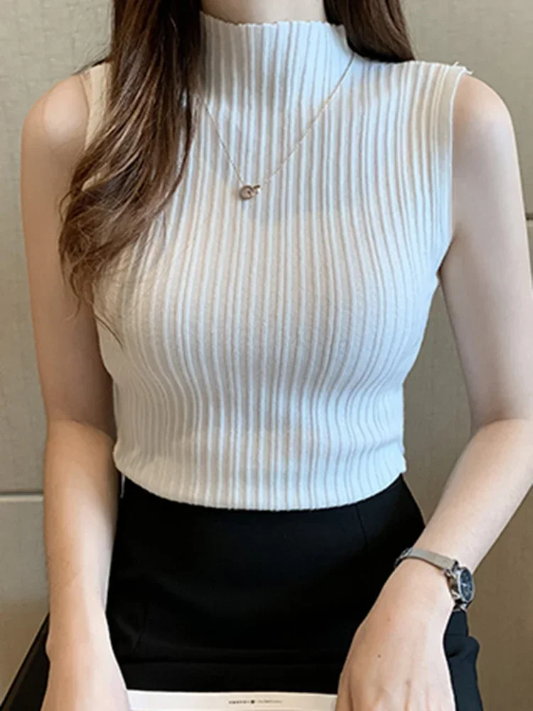 2026 Summer Turtleneck Ribbed Tank Tops Women Camisole Sleeveless Slim Female Stripe Croped Vest Casual Solid Camis Top