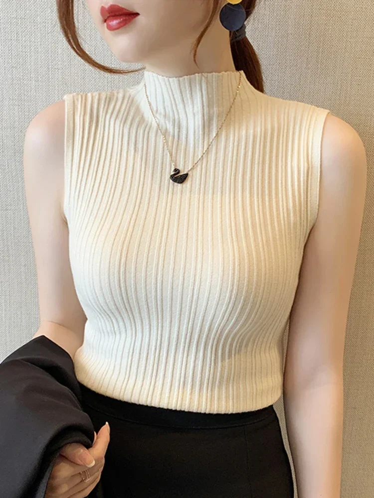 2026 Summer Turtleneck Ribbed Tank Tops Women Camisole Sleeveless Slim Female Stripe Croped Vest Casual Solid Camis Top