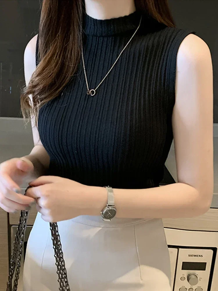 2026 Summer Turtleneck Ribbed Tank Tops Women Camisole Sleeveless Slim Female Stripe Croped Vest Casual Solid Camis Top