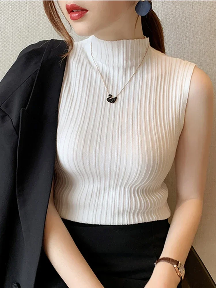 2026 Summer Turtleneck Ribbed Tank Tops Women Camisole Sleeveless Slim Female Stripe Croped Vest Casual Solid Camis Top