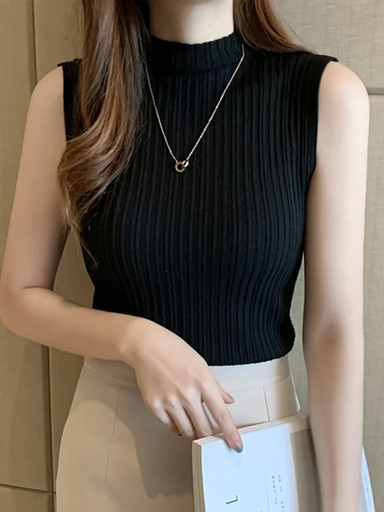 2026 Summer Turtleneck Ribbed Tank Tops Women Camisole Sleeveless Slim Female Stripe Croped Vest Casual Solid Camis Top