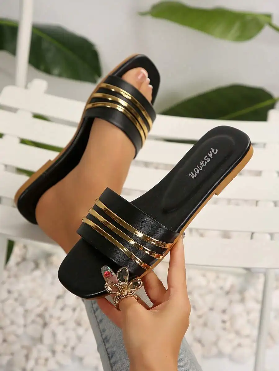Women's Shoes, Ladies' Fashionable Slippers, Classic and Versatile, Metal-Decorated Square-Toe Flat Sandals, Leopard Print