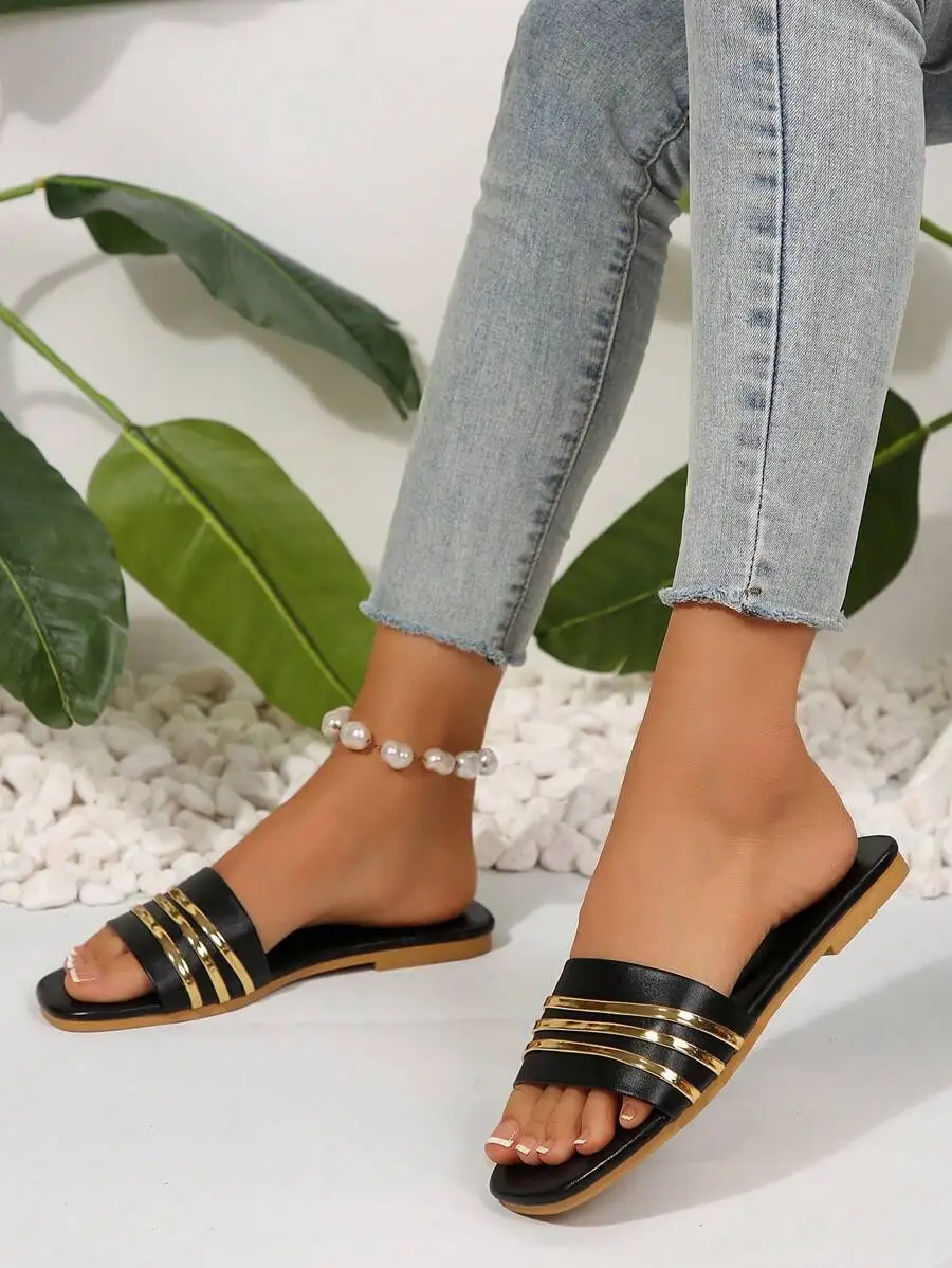 Women's Shoes, Ladies' Fashionable Slippers, Classic and Versatile, Metal-Decorated Square-Toe Flat Sandals, Leopard Print
