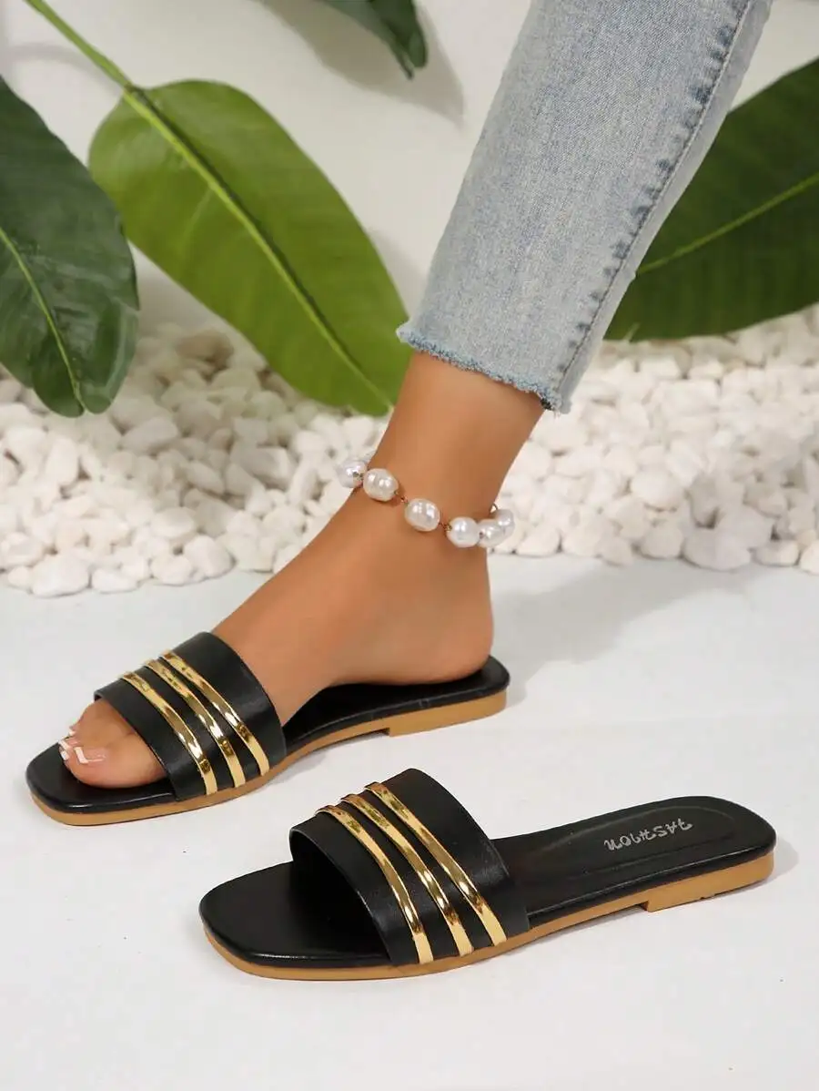 Women's Shoes, Ladies' Fashionable Slippers, Classic and Versatile, Metal-Decorated Square-Toe Flat Sandals, Leopard Print