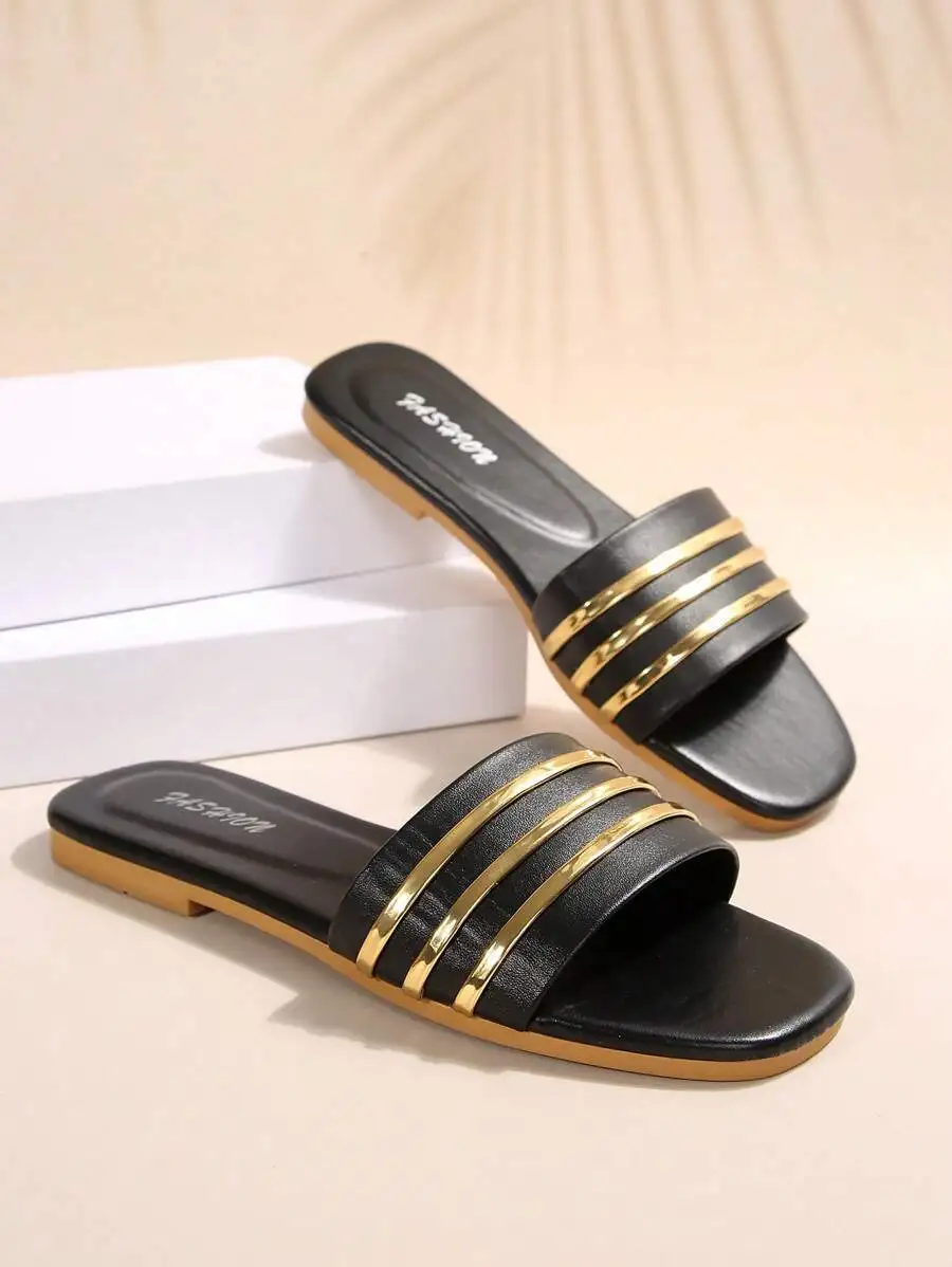 Women's Shoes, Ladies' Fashionable Slippers, Classic and Versatile, Metal-Decorated Square-Toe Flat Sandals, Leopard Print