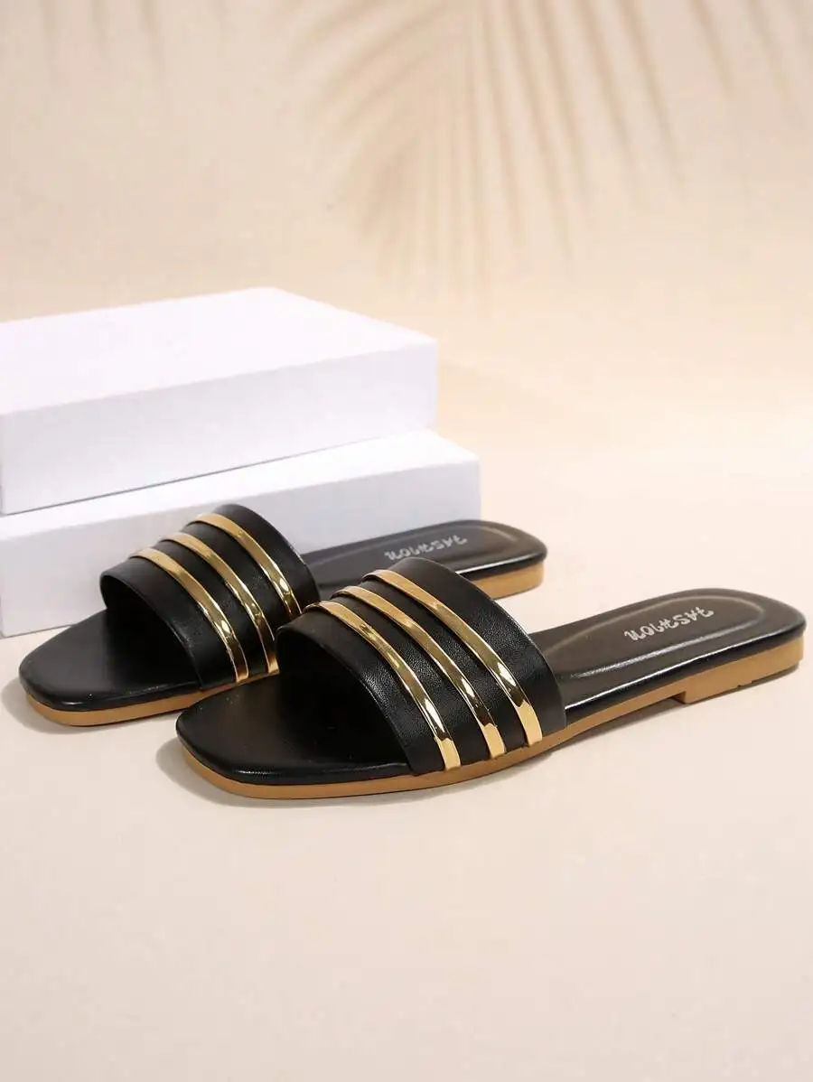 Women's Shoes, Ladies' Fashionable Slippers, Classic and Versatile, Metal-Decorated Square-Toe Flat Sandals, Leopard Print
