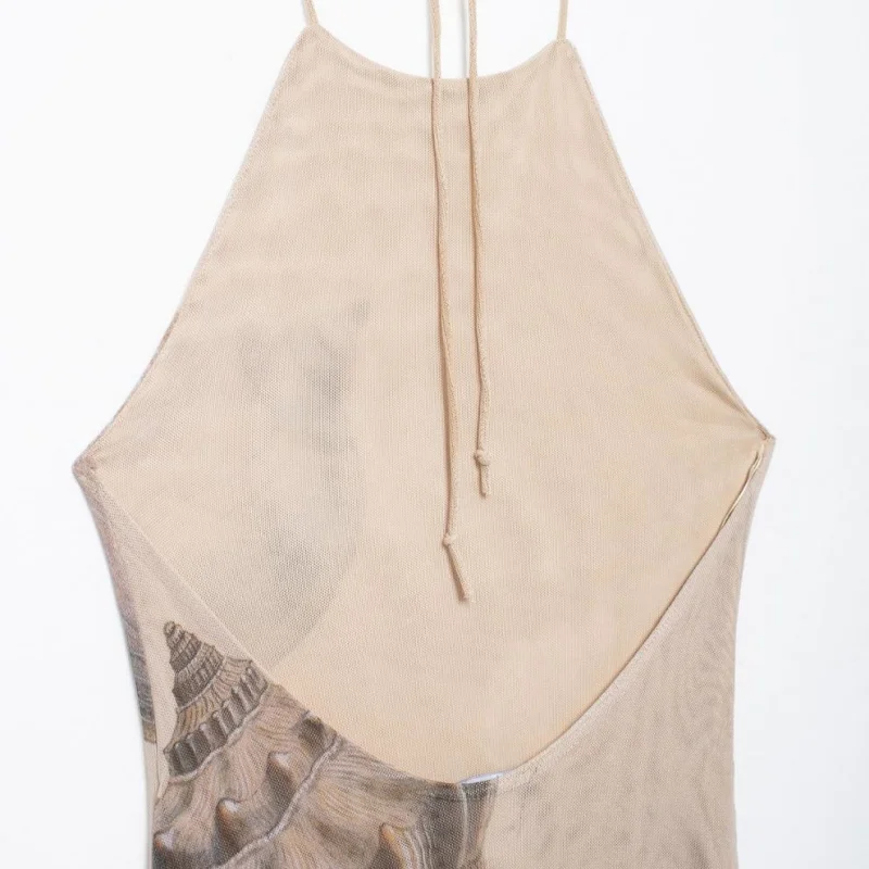 Women's Casual Halter Neck Maxi Dress with Seashell Print, Slightly Stretchy Slim Fit, Perfect for Beach and Travel Outings