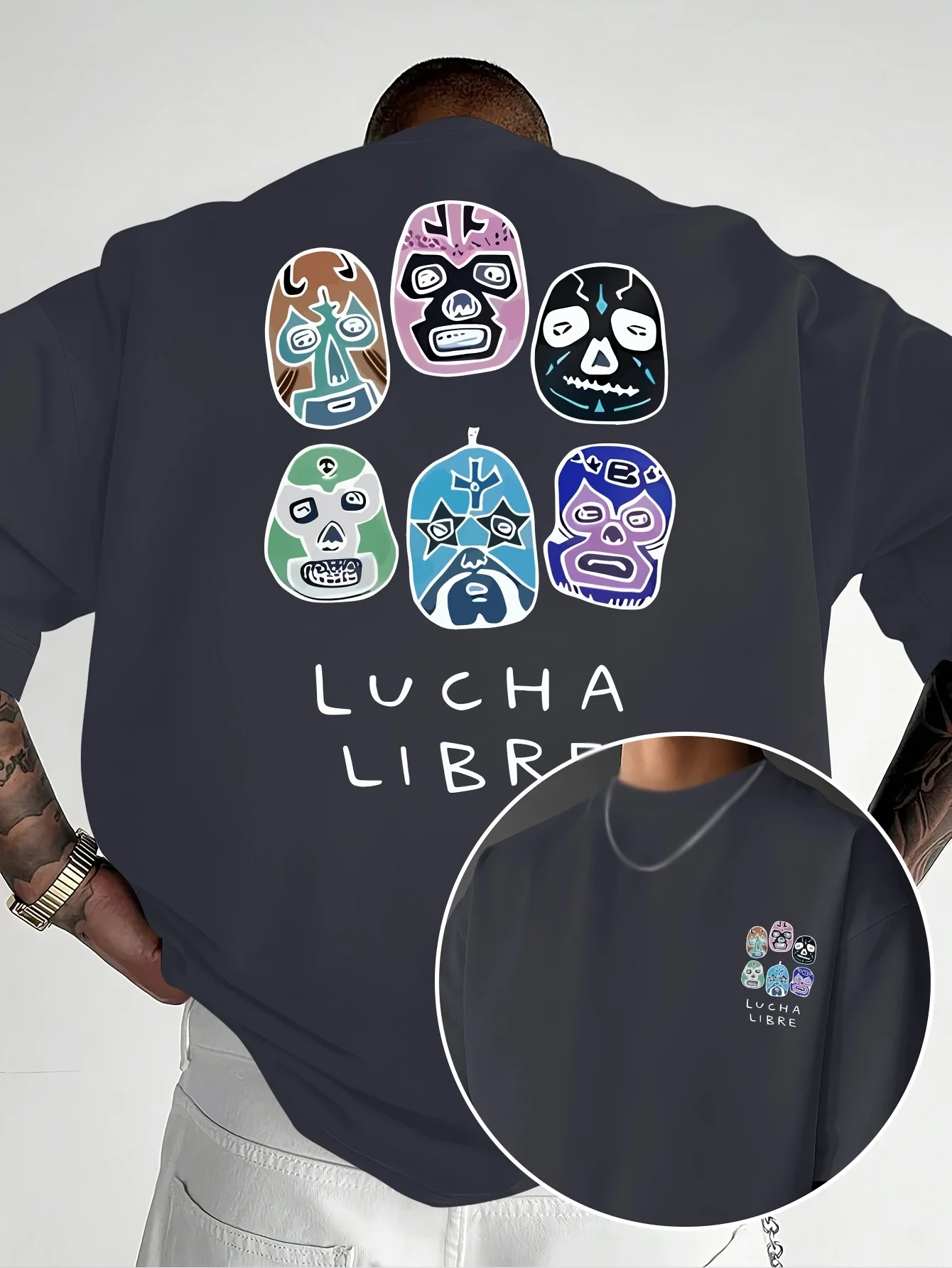 Men's casual short sleeved T-shirt - Mexican wrestling mask, "Lucha Libre" double-sided printed men's fashion trend T-shirt