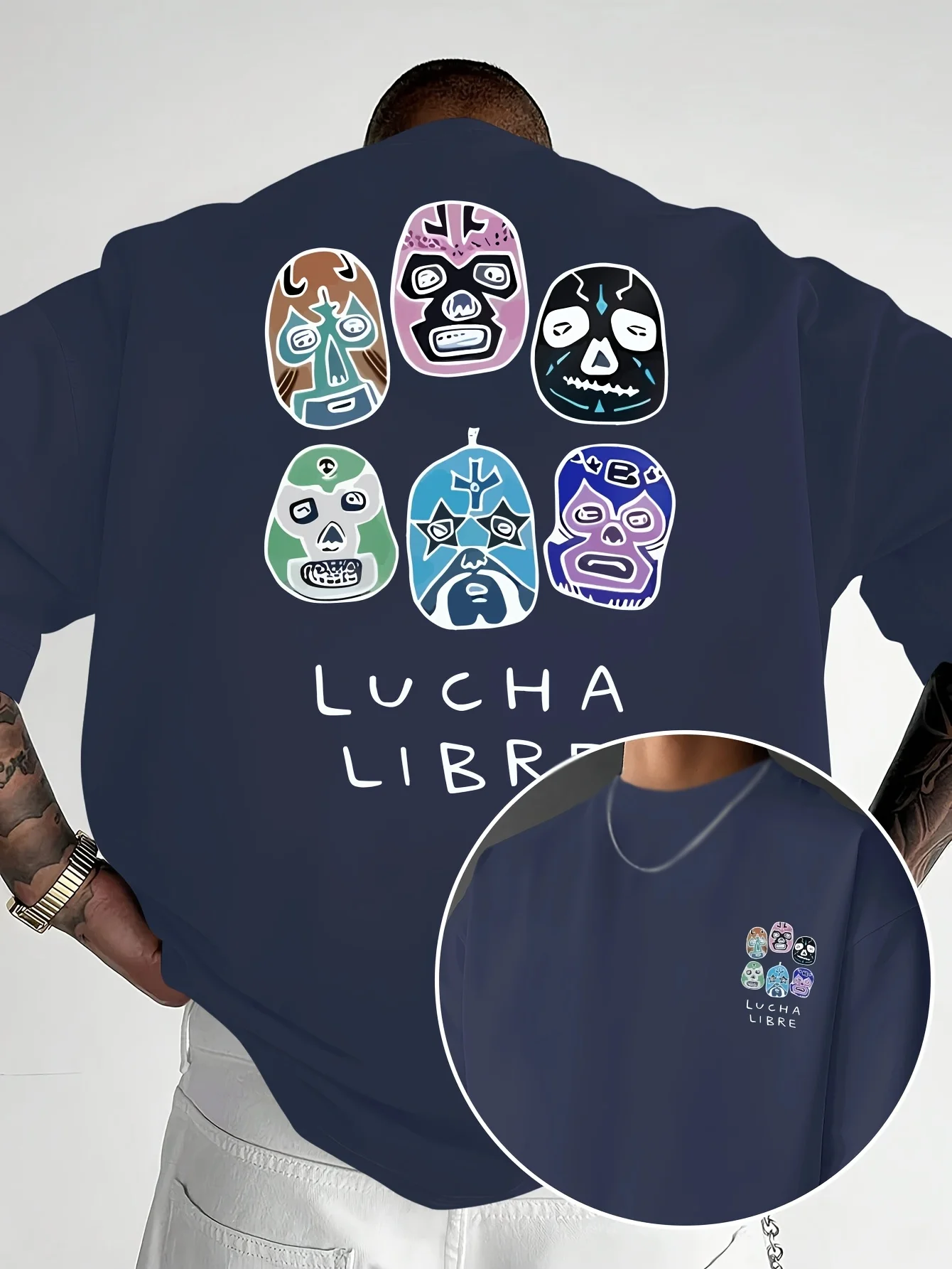 Men's casual short sleeved T-shirt - Mexican wrestling mask, "Lucha Libre" double-sided printed men's fashion trend T-shirt