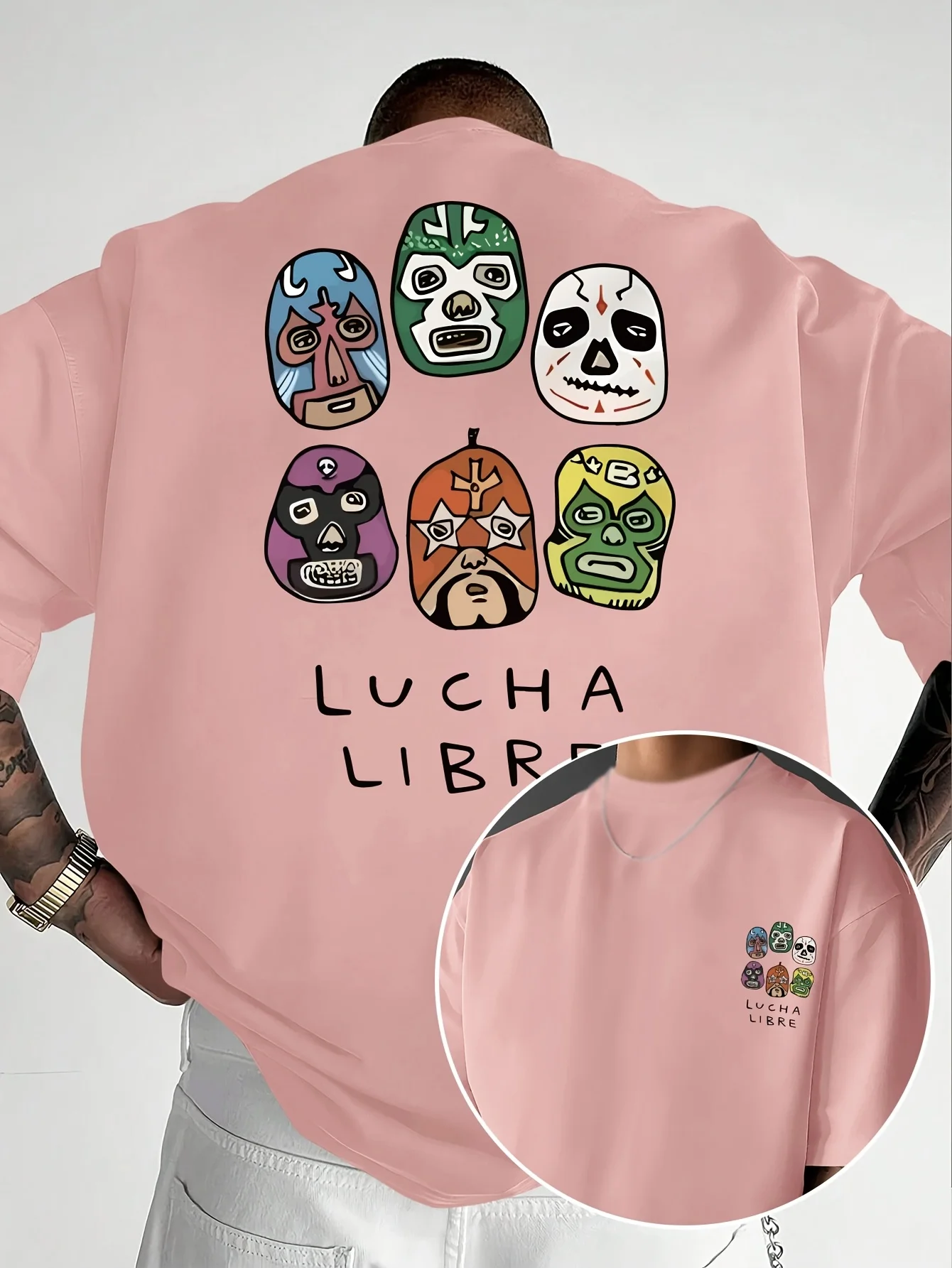 Men's casual short sleeved T-shirt - Mexican wrestling mask, "Lucha Libre" double-sided printed men's fashion trend T-shirt