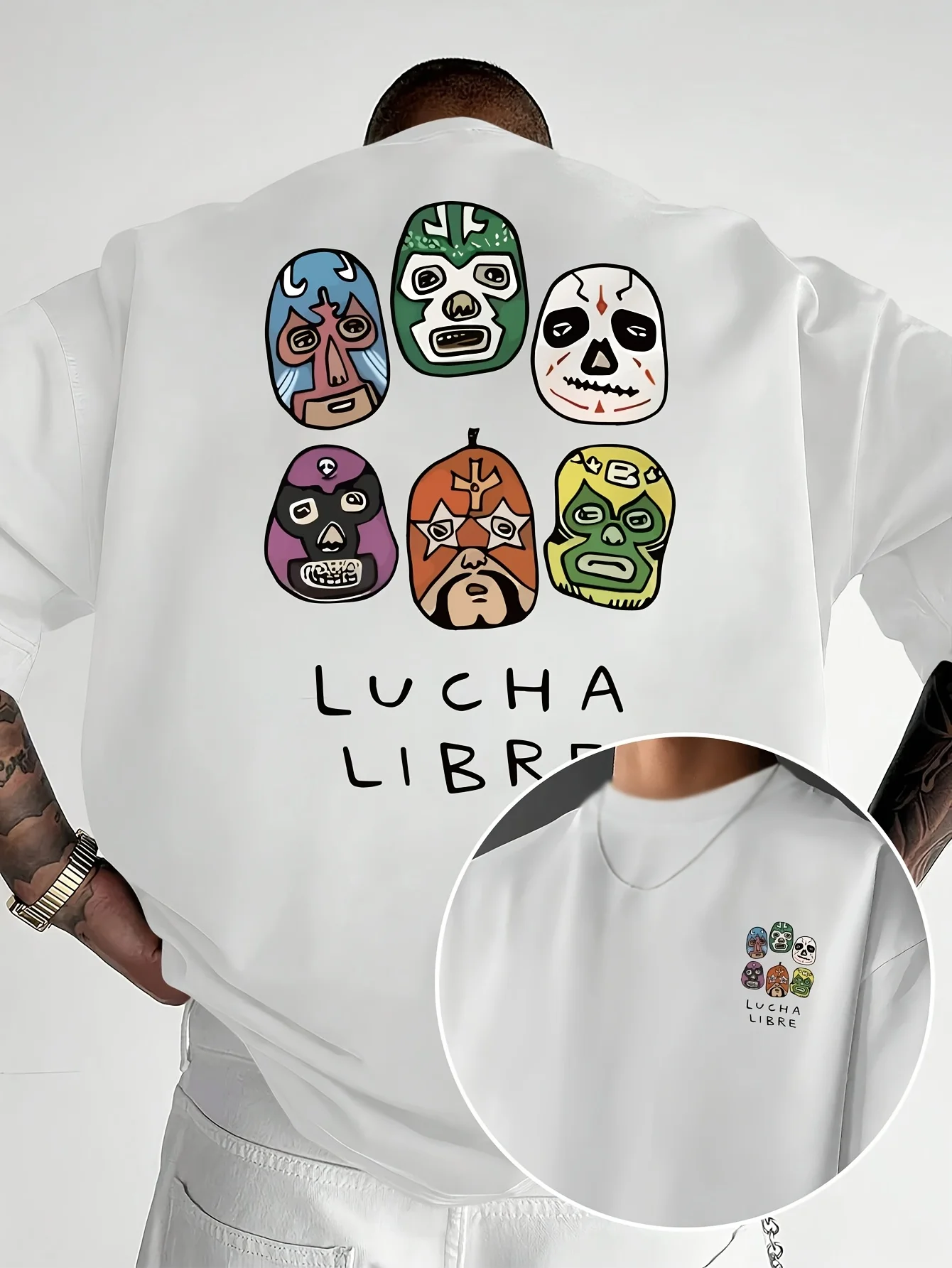 Men's casual short sleeved T-shirt - Mexican wrestling mask, "Lucha Libre" double-sided printed men's fashion trend T-shirt