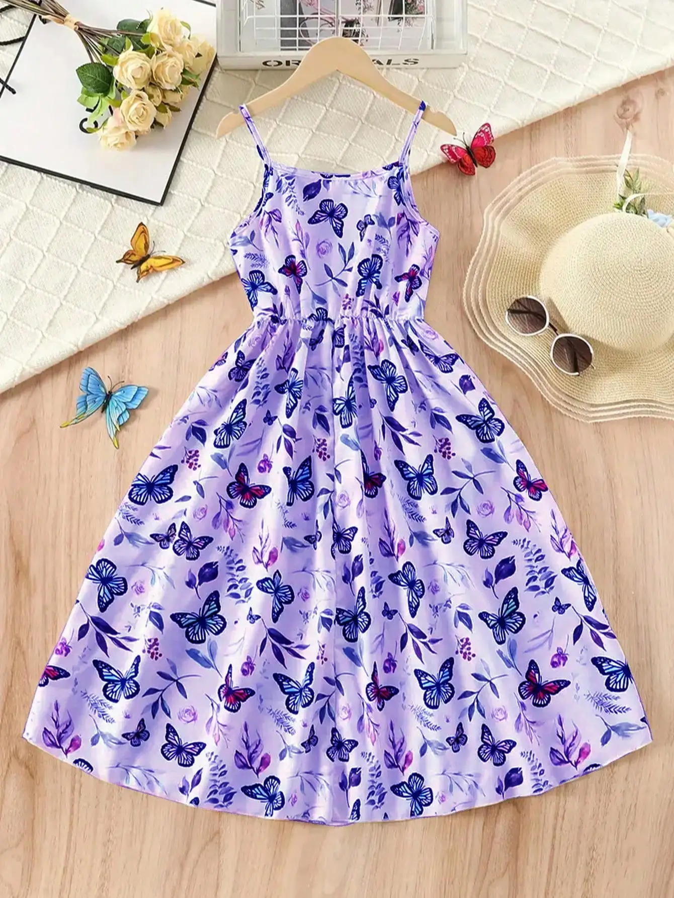 Girl's Summer Leaf Print Sleeveless Jumpsuit - Casual Stretch Polyester Blend, Off Shoulder Design, Knee Length, Beach Skirt