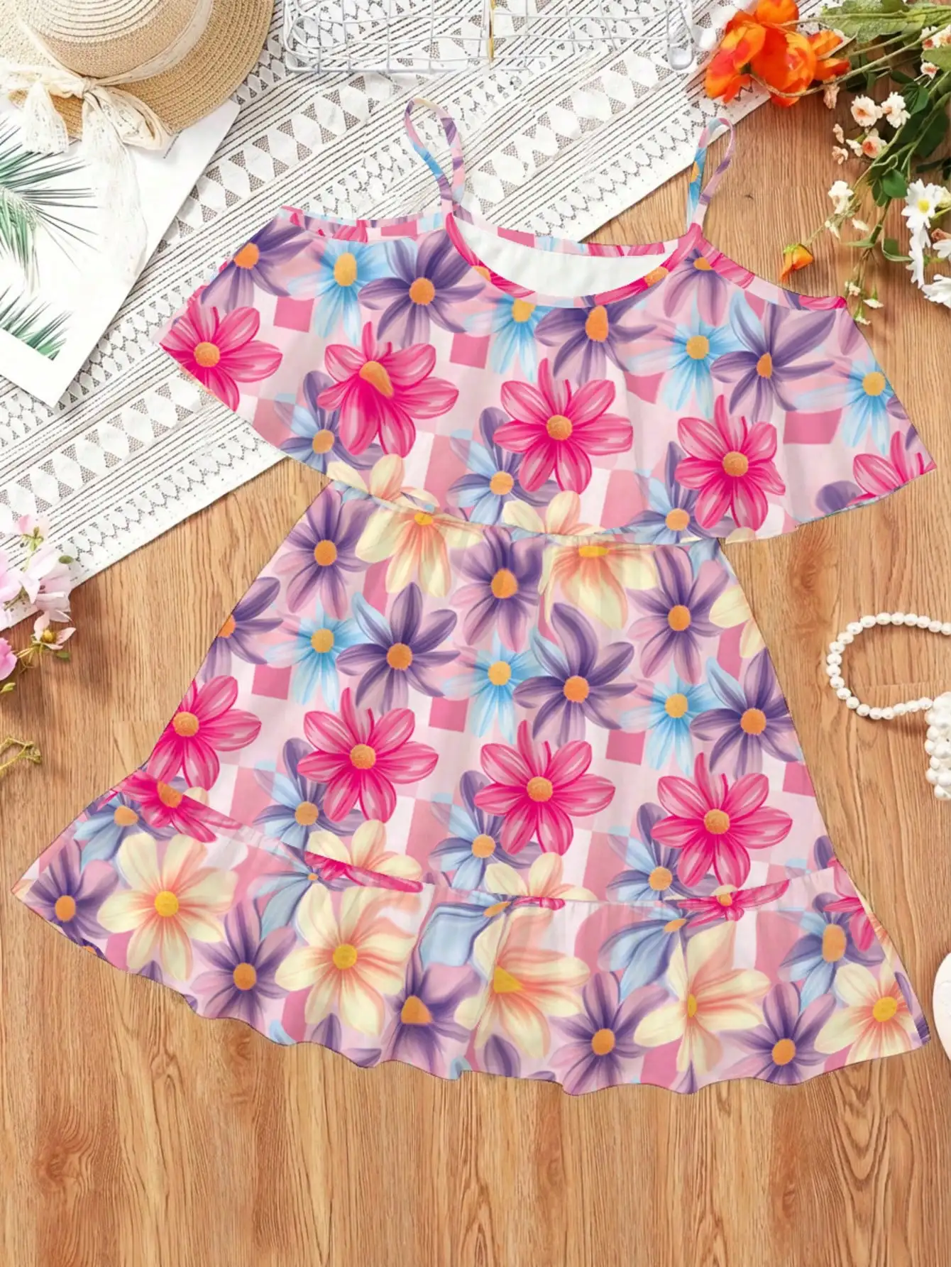 Girl's Summer Leaf Print Sleeveless Jumpsuit - Casual Stretch Polyester Blend, Off Shoulder Design, Knee Length, Beach Skirt