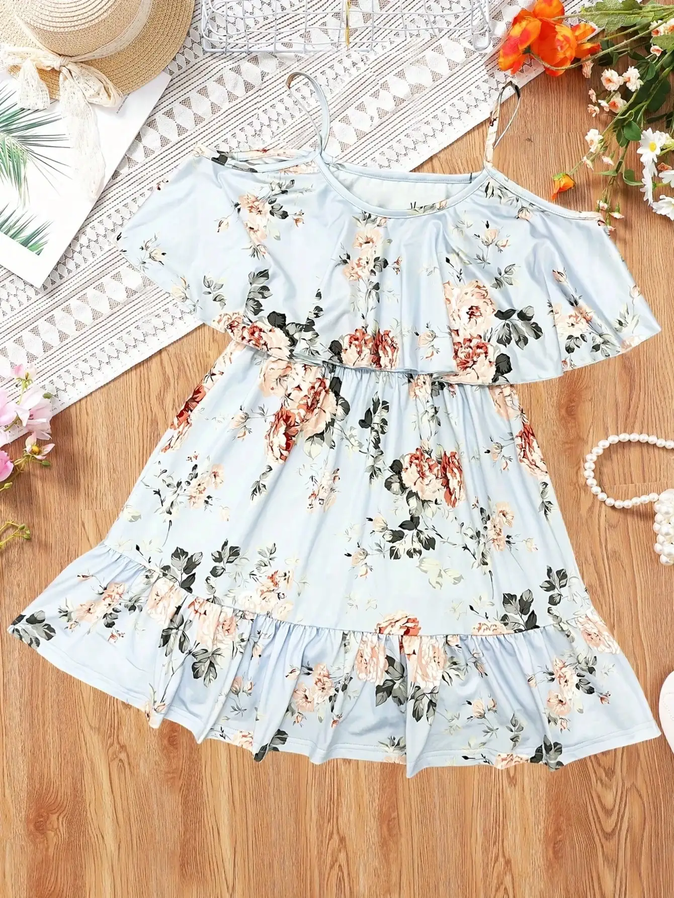 Girl's Summer Leaf Print Sleeveless Jumpsuit - Casual Stretch Polyester Blend, Off Shoulder Design, Knee Length, Beach Skirt
