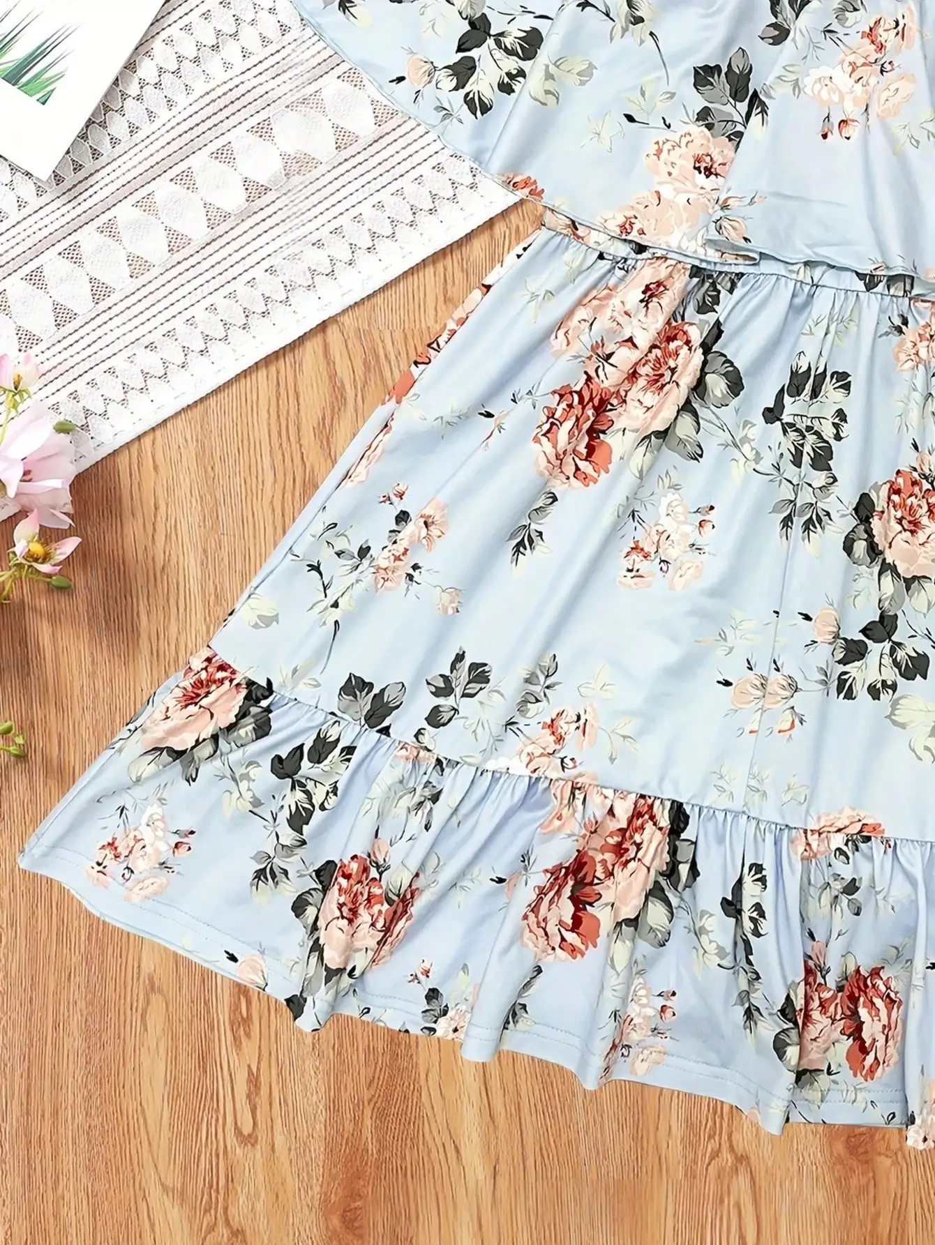 Girl's Summer Leaf Print Sleeveless Jumpsuit - Casual Stretch Polyester Blend, Off Shoulder Design, Knee Length, Beach Skirt