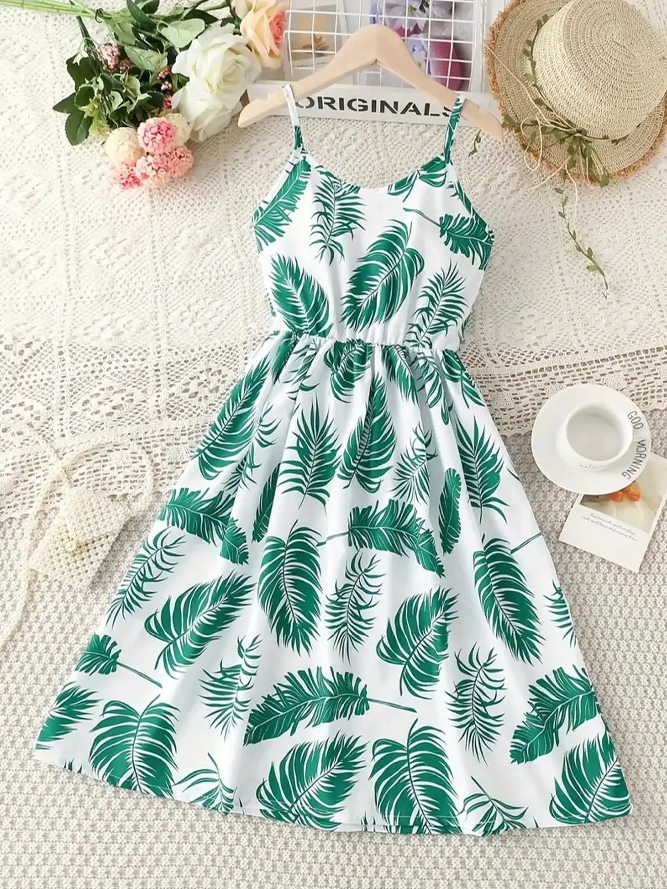 Girl's Summer Leaf Print Sleeveless Jumpsuit - Casual Stretch Polyester Blend, Off Shoulder Design, Knee Length, Beach Skirt