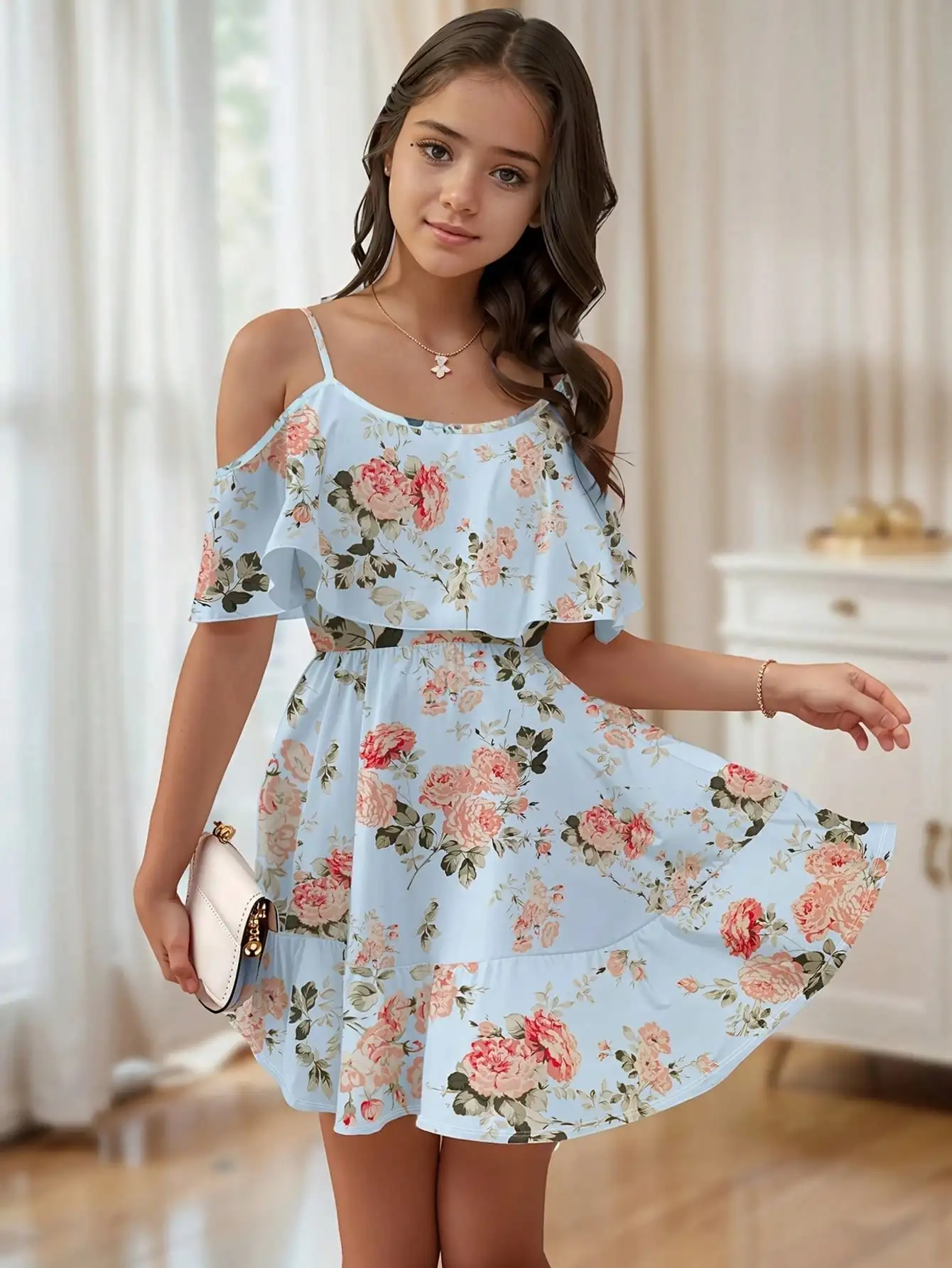 Girl's Summer Leaf Print Sleeveless Jumpsuit - Casual Stretch Polyester Blend, Off Shoulder Design, Knee Length, Beach Skirt