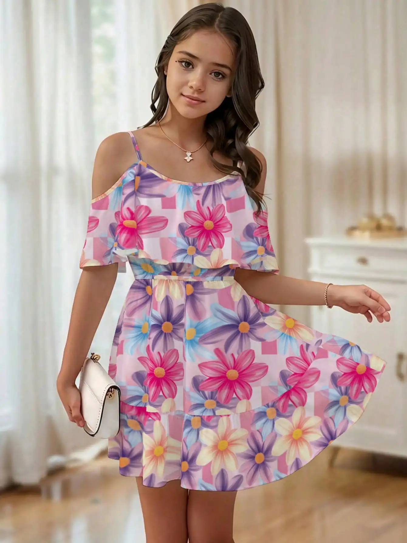 Girl's Summer Leaf Print Sleeveless Jumpsuit - Casual Stretch Polyester Blend, Off Shoulder Design, Knee Length, Beach Skirt