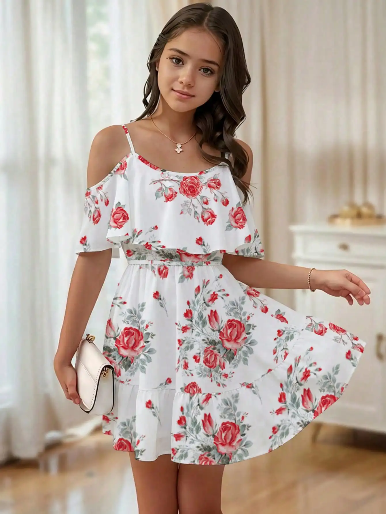 Girl's Summer Leaf Print Sleeveless Jumpsuit - Casual Stretch Polyester Blend, Off Shoulder Design, Knee Length, Beach Skirt