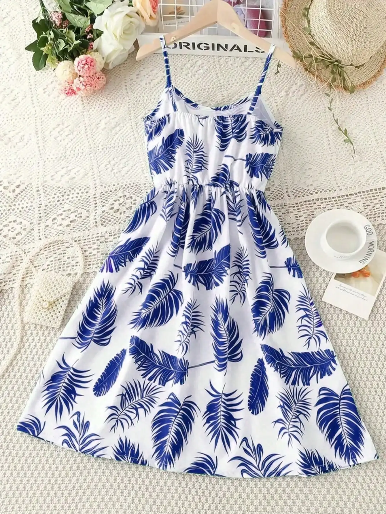 Girl's Summer Leaf Print Sleeveless Jumpsuit - Casual Stretch Polyester Blend, Off Shoulder Design, Knee Length, Beach Skirt