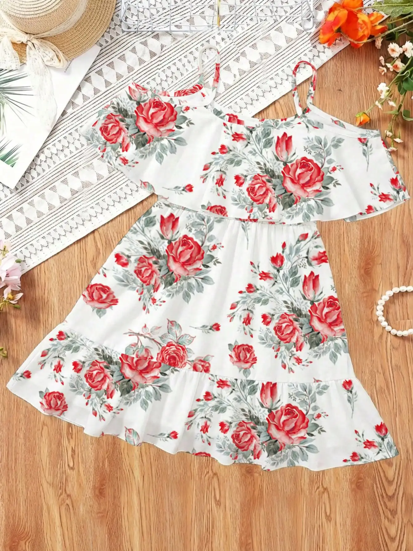 Girl's Summer Leaf Print Sleeveless Jumpsuit - Casual Stretch Polyester Blend, Off Shoulder Design, Knee Length, Beach Skirt