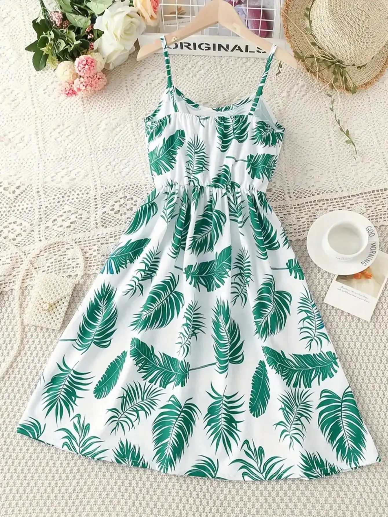 Girl's Summer Leaf Print Sleeveless Jumpsuit - Casual Stretch Polyester Blend, Off Shoulder Design, Knee Length, Beach Skirt