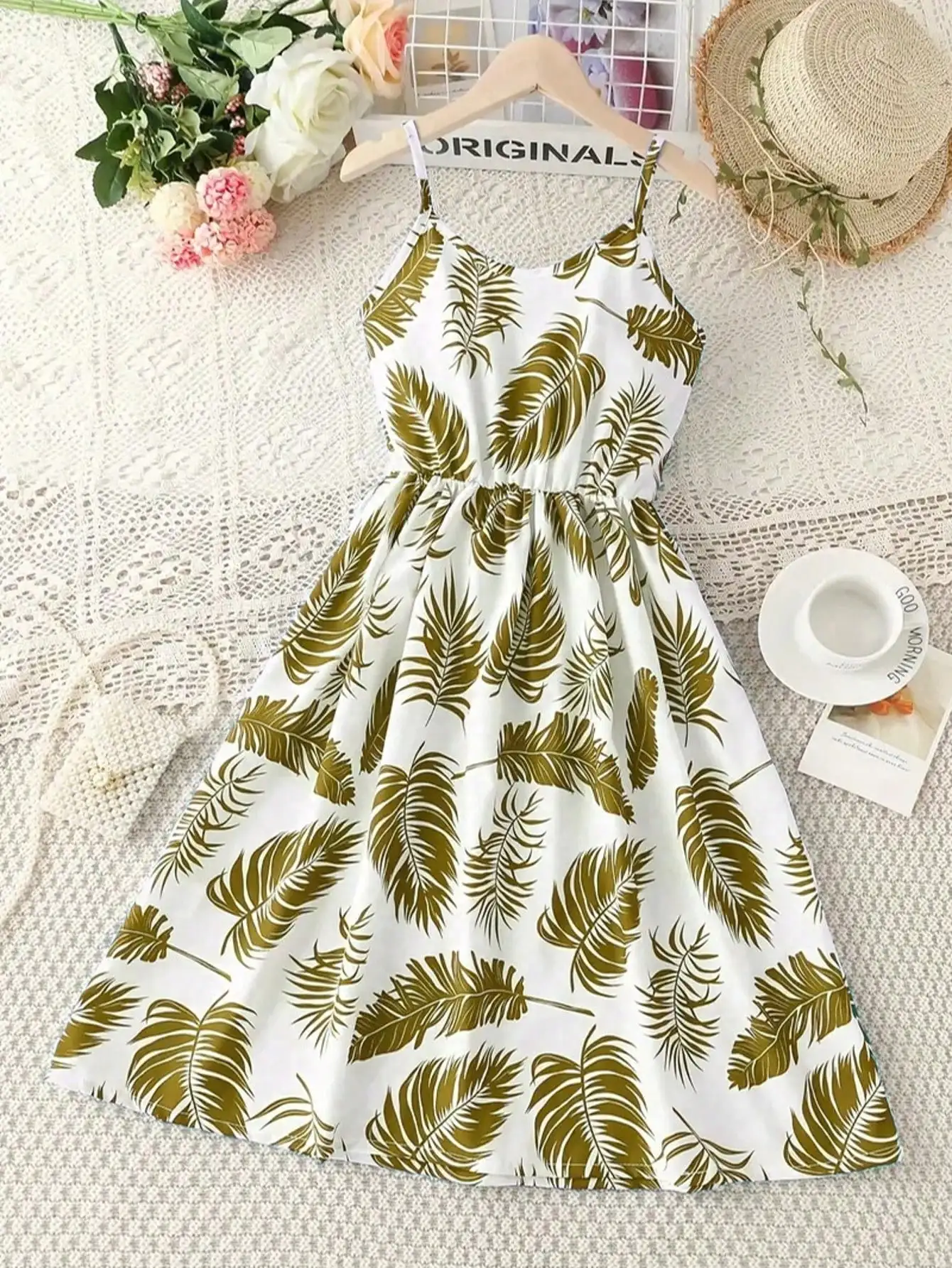 Girl's Summer Leaf Print Sleeveless Jumpsuit - Casual Stretch Polyester Blend, Off Shoulder Design, Knee Length, Beach Skirt