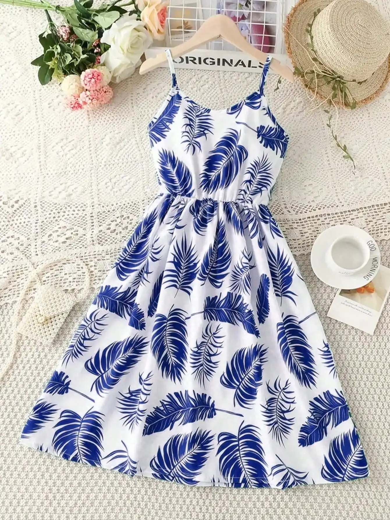Girl's Summer Leaf Print Sleeveless Jumpsuit - Casual Stretch Polyester Blend, Off Shoulder Design, Knee Length, Beach Skirt