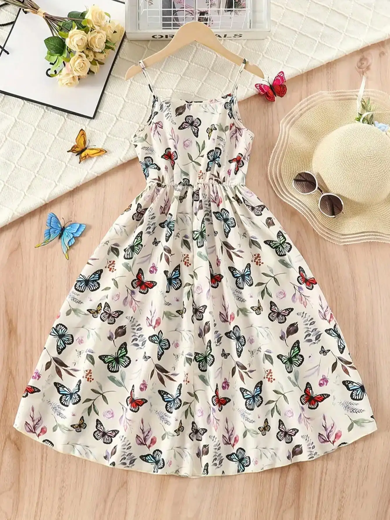 Girl's Summer Leaf Print Sleeveless Jumpsuit - Casual Stretch Polyester Blend, Off Shoulder Design, Knee Length, Beach Skirt