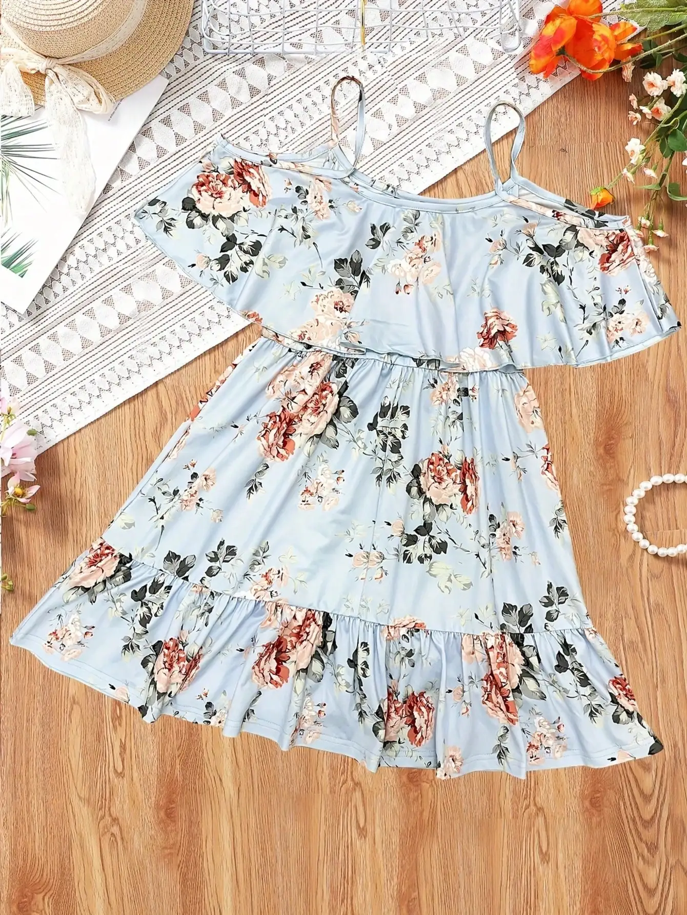 Girl's Summer Leaf Print Sleeveless Jumpsuit - Casual Stretch Polyester Blend, Off Shoulder Design, Knee Length, Beach Skirt