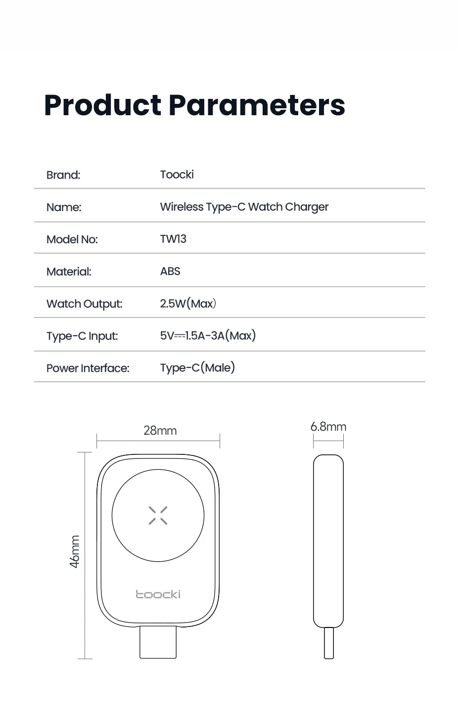 Toocki TW13 2.5W Wireless Charger for iWatch S1-S11 SE 2-3 Ultra 1-3 Portable Type C Magnetic Wireless Charger for Apple Watch