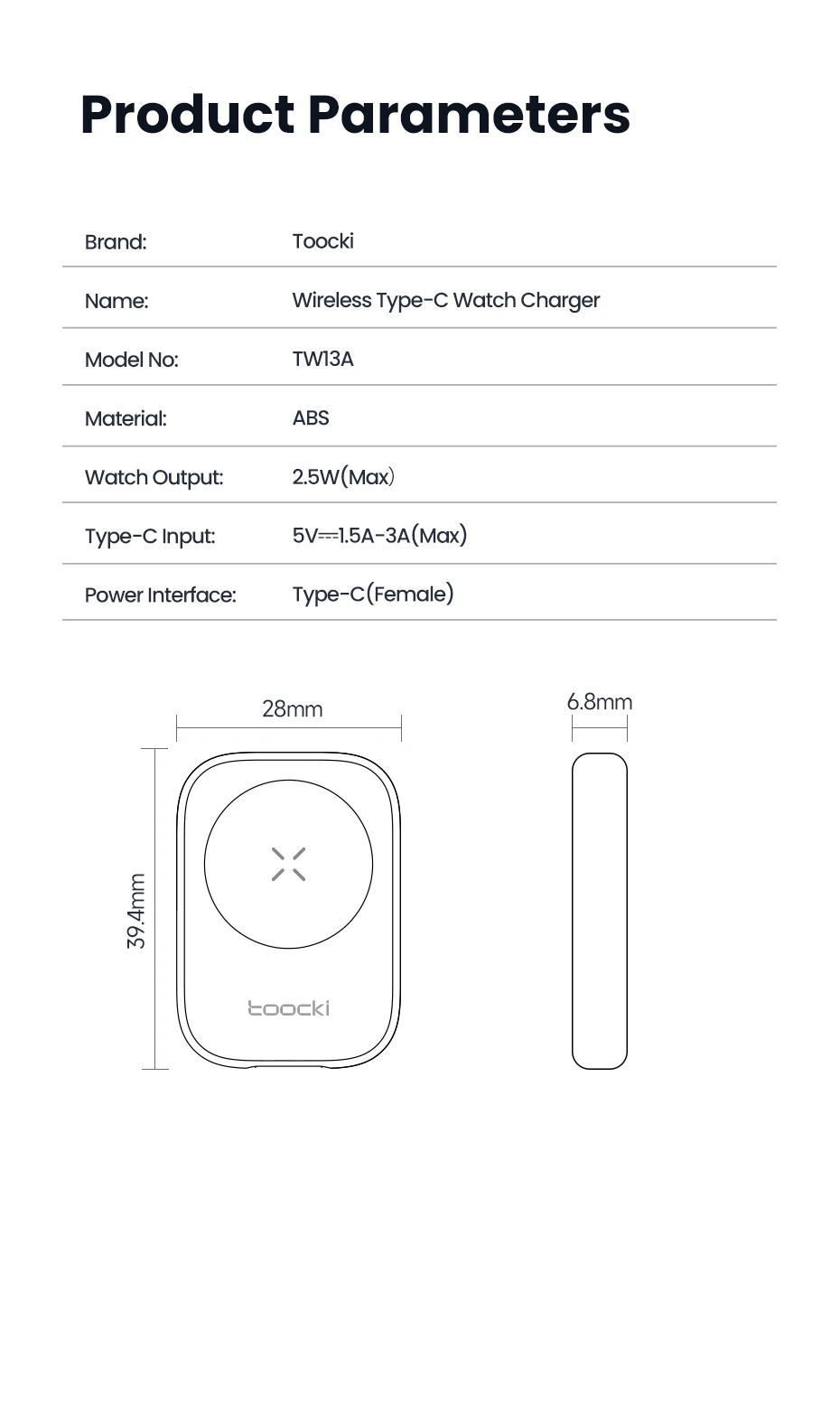 Toocki TW13 2.5W Wireless Charger for iWatch S1-S11 SE 2-3 Ultra 1-3 Portable Type C Magnetic Wireless Charger for Apple Watch