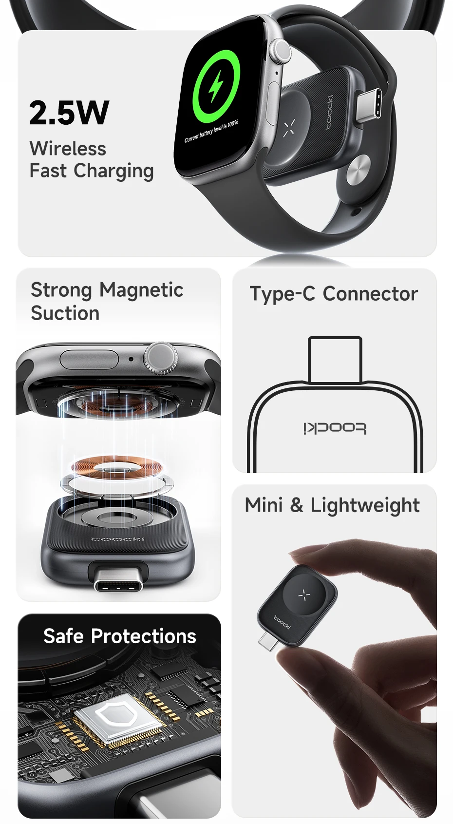 Toocki TW13 2.5W Wireless Charger for iWatch S1-S11 SE 2-3 Ultra 1-3 Portable Type C Magnetic Wireless Charger for Apple Watch