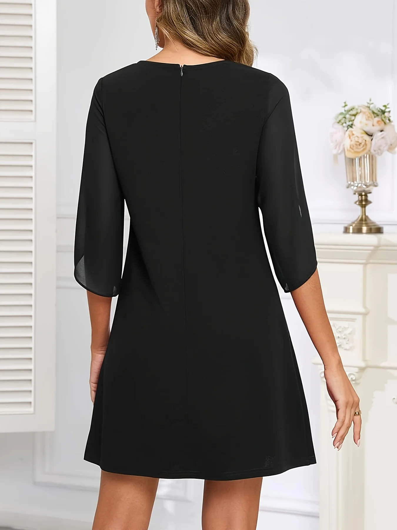 Womens Fluter Sleeve Crew Neck Loose Shift Tunic Cocktail Knee Length Business Casual Party Chiffon Bodycon A-Line Dress