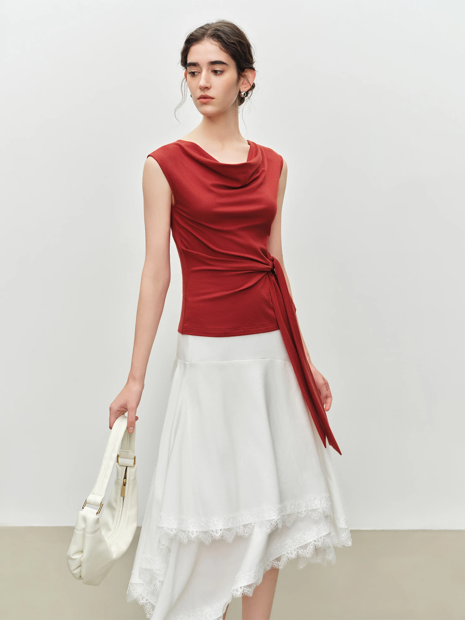 ZIQIAO 2026 Summer Women's Draped Neck Sleeveless Knit Top - Elegant Textured Design Casual Blouse for Daily and Summer Wear