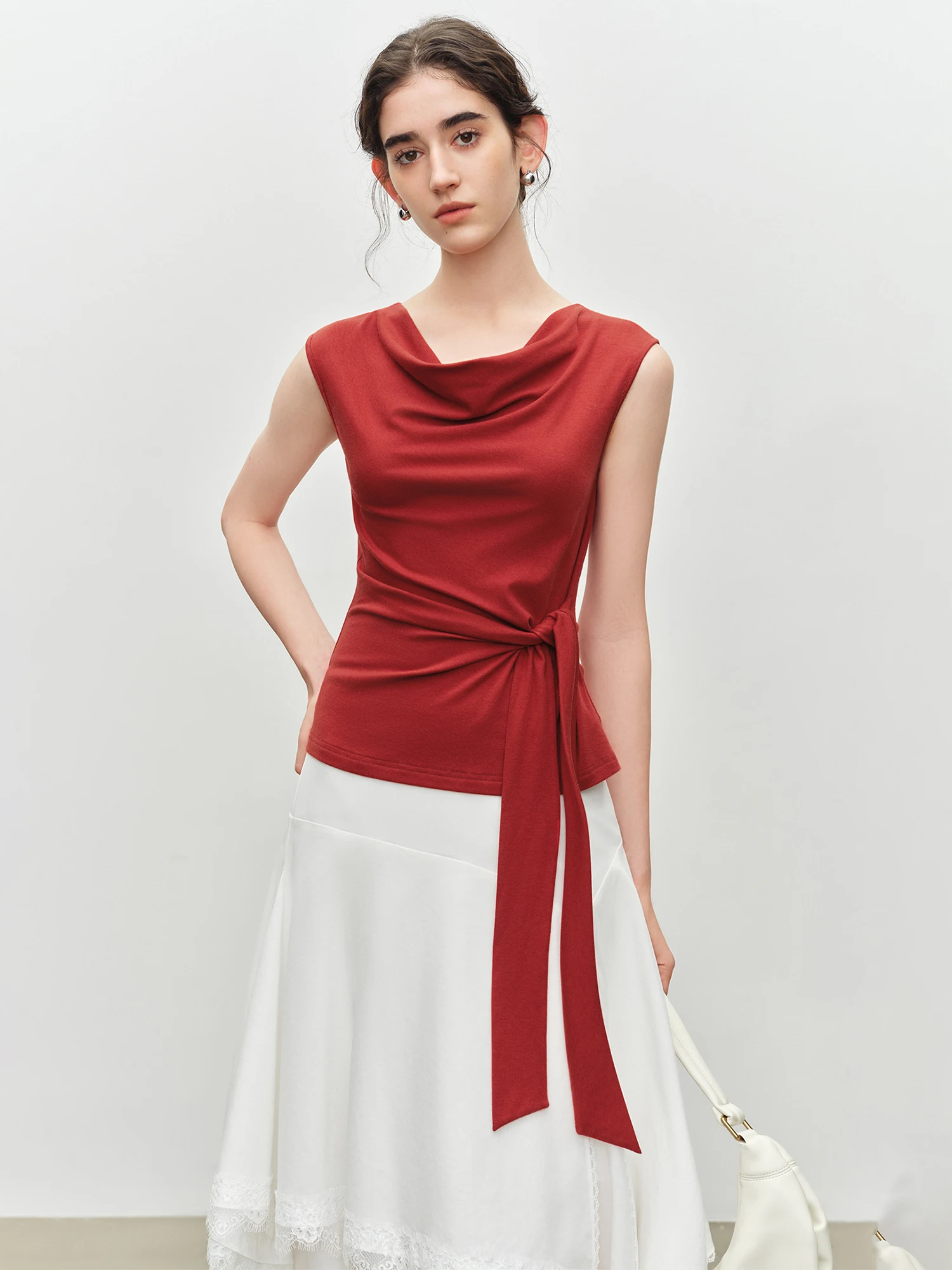 ZIQIAO 2026 Summer Women's Draped Neck Sleeveless Knit Top - Elegant Textured Design Casual Blouse for Daily and Summer Wear