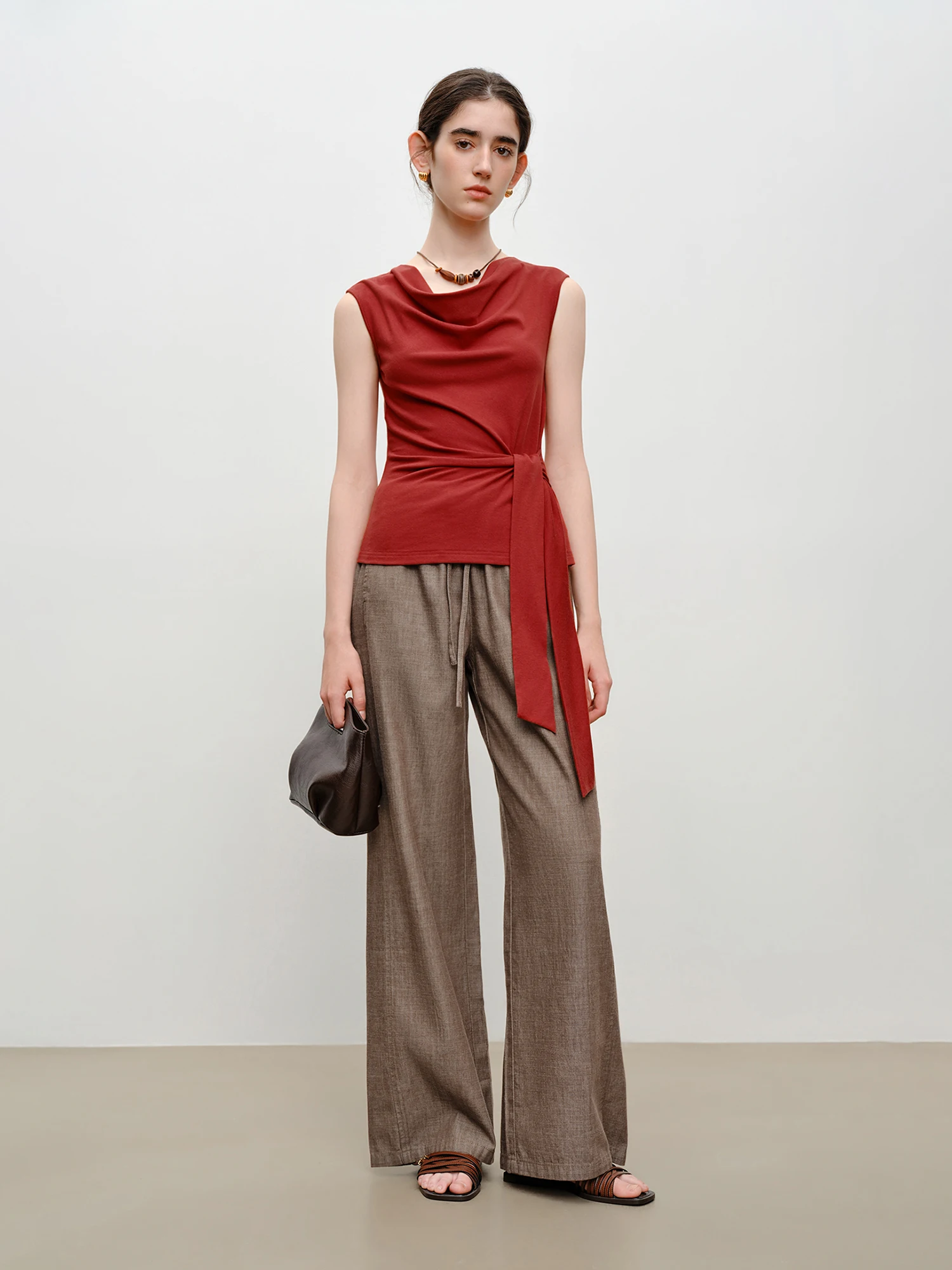 ZIQIAO 2026 Summer Women's Draped Neck Sleeveless Knit Top - Elegant Textured Design Casual Blouse for Daily and Summer Wear