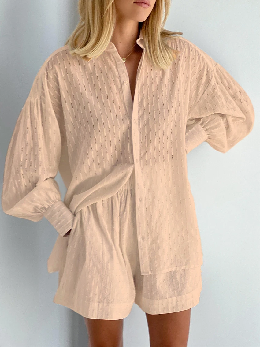2026 Fashion Trend Plain Color Jacquard Bubble Sleeve Shirt with Shorts Commuter Casual Suit for Women